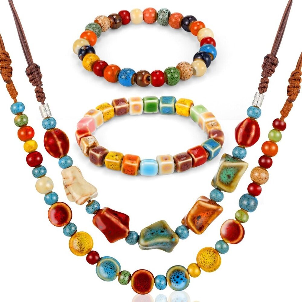 Handcrafted Colorful Ceramic Jewelry: 4 Pcs Bohemian Necklaces & Bracelets Set